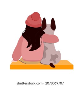 A young girl in a hat hugs a dog. Isolated image of a girl and a dog sitting on a bench