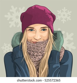 Young girl in a hat and mittens. Vector illustration
