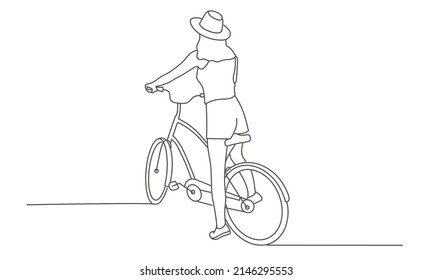 Young girl in a hat on a bike. Hand drawn vector illustration. Black and white.