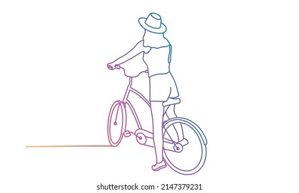 Young girl in a hat on a bike. Rainbow gradient. Sketch vector illustration.