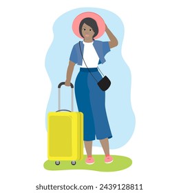 Young girl in a hat on vacation. Cute girl holding a travel suitcase.