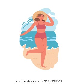 Young girl in a hat is resting on the beach. Cartoon female character on the background of the sea landscape. Hot Summer. Flat vector illustration. All elements are isolated.