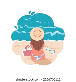 Young girl in a hat is resting on the beach. Cartoon female character on the background of the sea landscape. Back view. Hot Summer. Flat vector illustration. All elements are isolated.
