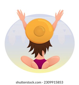 Young girl with hat sits on the beach and looks out over the horizon. Summer illustration with cute brunette on the beach. Vector illustration.