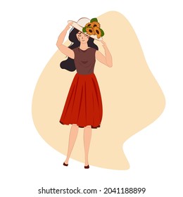 Young girl in a hat with sunflowers. Brunette in a top and a red skirt.
For printing T-shirts, stickers, posters, postcards.