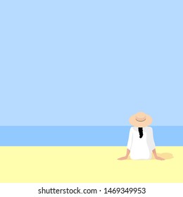 Young girl in hat and white dress sitting alone on a sandy beach and looking at blue sea. Flat hand drawn minimalistic vector illustration for background, post card, poster, social media.