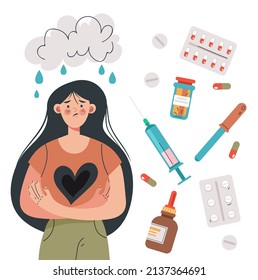 Young girl having depression and taking pills medicament flat cartoon graphic design illustration