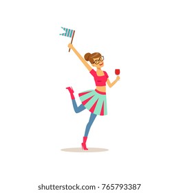 Young girl having fun at college party. Teenager holding glass of drink and little flag. Cartoon character in glassed and bright clothes. Isolated flat vector