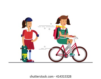 Young girl having fun riding to skateboard and bicycle. Kid having free time on weekend. Summer break outdoor recreation for junior. Happy child ride to skateboarding and bike. Vector character