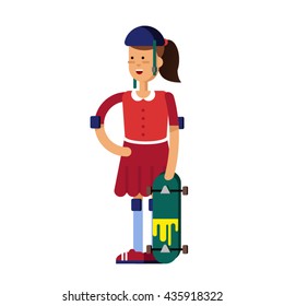 Young girl having fun riding long board skateboard. Kid having free time. Summer break outdoor recreation for junior. Happy children ride to skateboarding. Vector character in white background