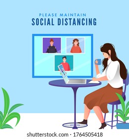 Young Girl Having Video Conference in Laptop with Drinking Coffee or Tea at Desk for Maintain Social Distancing.