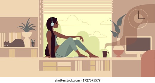 Young girl with headphones and coffee cup sits alone on the windowsill and listens to music. Flat design vector illustration.