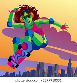 Young girl with headphones jumping on a skateboard against the background of the evening sky and the city skyline. Colorful drawing in flat style. Vector illustration