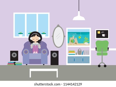Young girl with headphones and laptop sitting on armchair in pink living room with aquarium, mirror and speakers, listening to music or watching film - flat design, vector