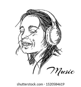 Joven con auriculares escuchando música y sonriendo. Esbozo. Estilo de grabado. Ilustración vectorial.