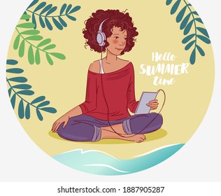 Young girl in headphones listening to music 