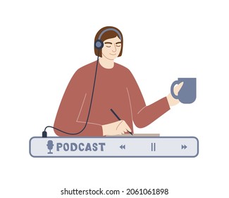 A young girl in headphones listens to a podcast, learns, makes records and holds a mug in her hand. Webinar, online training, tutorial podcast concept. Vector illustration in flat style.