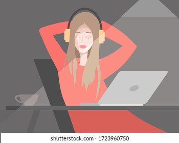 Niña joven con auriculares sentada en la mesa junto al ordenador portátil y escuchando música. Ilustración plana.