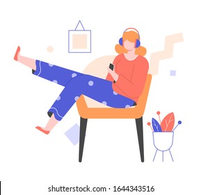 A young girl in headphones with a smartphone sits in a chair. Dressed in pajamas. Casual home comfort. Listens to an educational course, podcast, music or audiobook. Online media. Vector illustration 