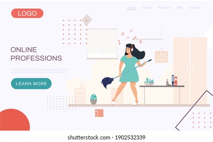 Young girl with headphones washes floor. Musician imagines guitar and plays in office. Woman is playing mop like guitar at workplace. Online professions concept. Website landing page template