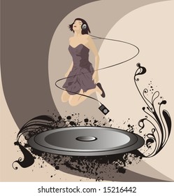 Young girl with headset listening to music and jumping on a loud speaker