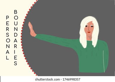 the young girl held out her hand against the line that indicates the area of the personal border.concept of social distance,personal space.vector illustration in flat style.for socialmedia banners.