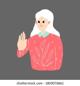 the young girl held out her hand, indicating the area of her personal border.the concept of social distance, personal space.vector illustration in flat style.for socialmedia banners, web design, app