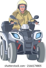 A young girl in a helmet is riding a black quad bike.