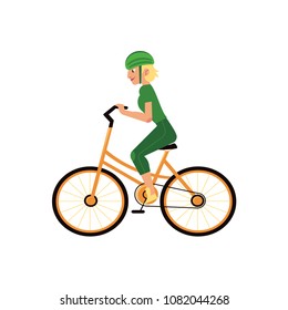 Young girl in helmet riding urban bicycle isolated on white background. Summer active leisure concept - cartoon female character with sports protection pedaling, vector illustration.