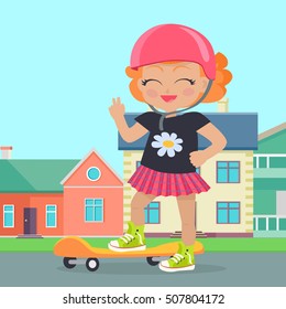 Young girl in helmet skateboard in park. Smiling skater. Female character in helmet jumping on skateboard. Sports equipment flat illustration. Summer fun and healthy life. For sport concepts