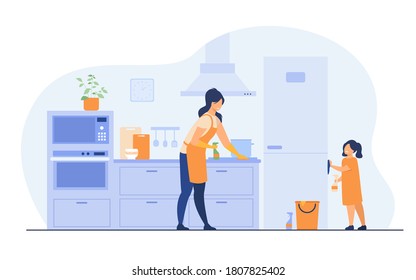 Young Girl Helping Her Mom To Clean Kitchen, Dusting Furniture, Wiping Fridge. Vector Illustration For Family Home Activities, Housework Chores, Household Concept.