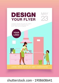 Young girl helping her mom to clean kitchen, dusting furniture, wiping fridge. Vector illustration for family home activities, housework chores, household concept.