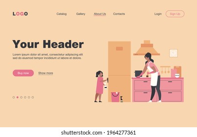 Young girl helping her mom to clean kitchen, dusting furniture, wiping fridge. Vector illustration for family home activities, housework chores, household concept.
