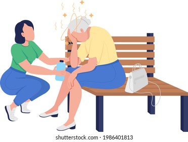 Young Girl Helping Pensioner Semi Flat Color Vector Characters. Adult Figures. Full Body People On White. Extreme Heat Isolated Modern Cartoon Style Illustration For Graphic Design And Animation