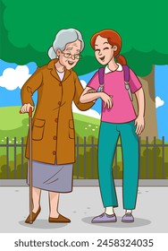 young girl helping woman. old woman and girl walking in the park vector illustration