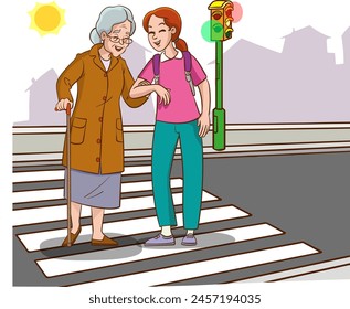 young girl helps old woman. old woman and young woman walking on crosswalk cartoon vector