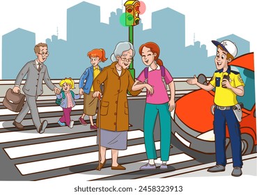 young girl helps old woman. old woman and young woman walking on crosswalk cartoon vector