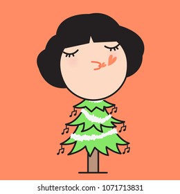 Young Girl And Her Body In Christmas Tree Blowing A Kiss. Concept Of New Year Celebration Greeting Card Character illustration