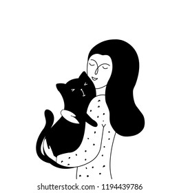 Young girl and her cat isolated on white background. Vector hand drawn illustration. 