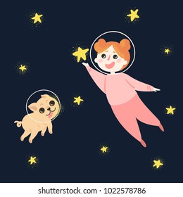 Young girl with her dog in space, wearing spacesuit helmets and pajama. Child is holding star in hand. Happy kid and her pet pug are flying to the stars. Illustration for child book or postcard