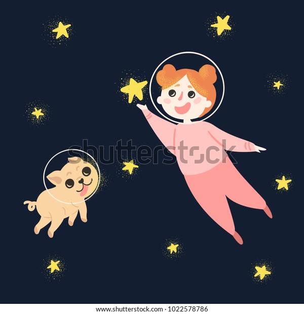 宇宙服のヘルメットとパジャマを着た 犬と一緒の若い女の子 子どもが星を手に持っている 幸せな子どもとペットのパグが星まで飛んでいる 子ブックまたははがきのイラスト のベクター画像素材 ロイヤリティフリー