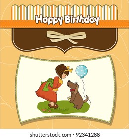 young girl and her dog in a wonderful birthday greeting card