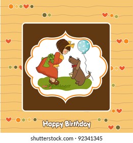 young girl and her dog in a wonderful birthday greeting card