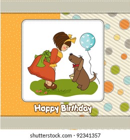 young girl and her dog in a wonderful birthday greeting card