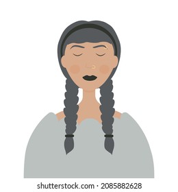 A young girl with her eyes closed and her lips painted black. White background. Vector illustration.