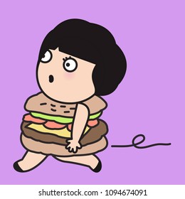 Young Girl With Her Fast Food Hamburger Body To Hurry To Somewhere Concept Card Character illustration