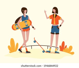 A young girl and her friends are enjoying skateboarding, which is becoming popular with teenagers all over the world. vector illustration flat design