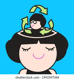 A Young Girl With Her Green Recycle Mind Raised Up Inside Her Open Head Concept Card Character illustration
