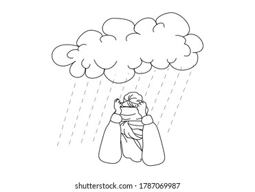 A young girl is hiding in a scarf from the cold and wet snow or rain.Seasonal depression,loneliness and frustration concept.line art hand drawn illustration.Stock vector illustration isolated on white