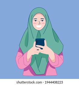 Young Girl Hijab Hold Hand Phone